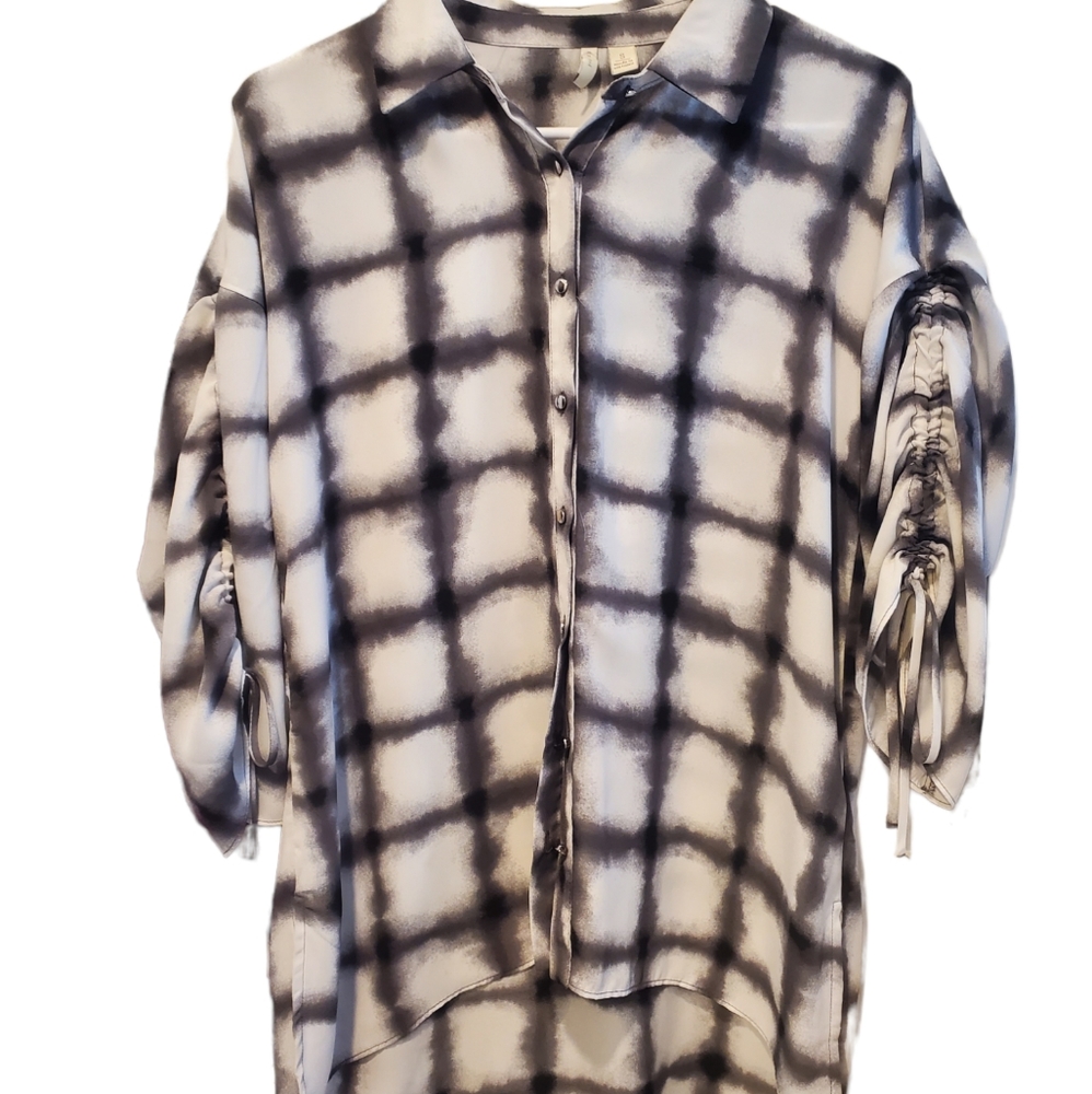 Black grey white sheer button up tunic